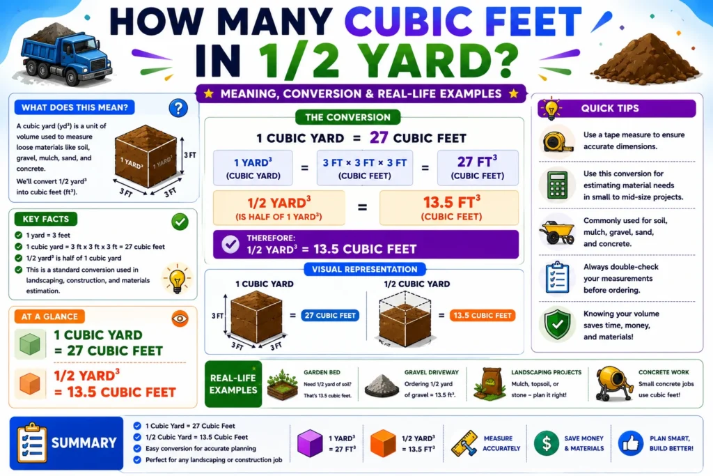 how many cubic feet in 1/2 yard