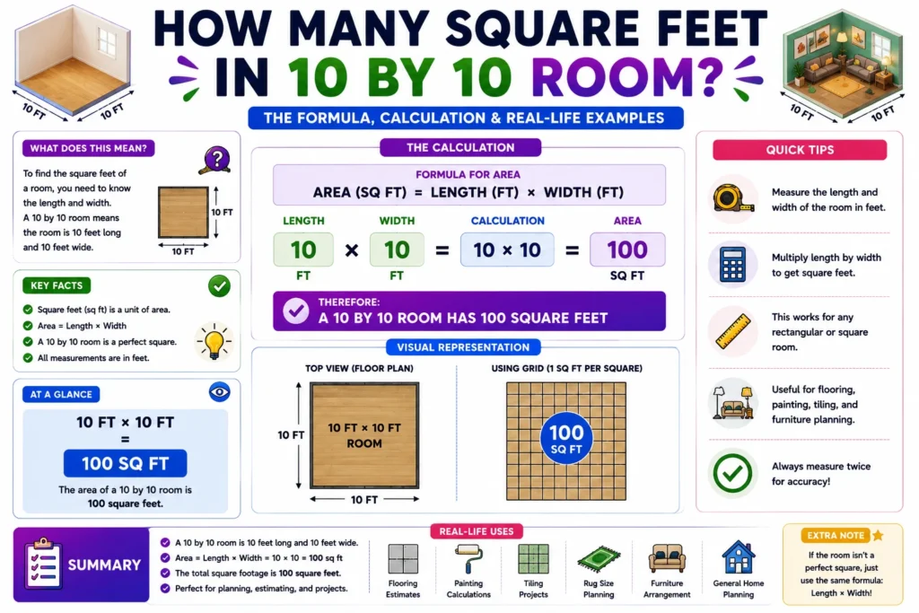 How Many Square Feet in a 10 by 10 Room? If you are planning new flooring, buying furniture, painting walls, or designing a small bedroom, you may ask: how many square feet in 10 by 10 room? This is one of the most searched room measurement questions because 10x10 rooms are common in: Bedrooms Home offices Apartments Dorm rooms Small living spaces The quick answer is: 👉 A 10 by 10 room contains 100 square feet. Understanding square footage helps you: Buy the correct flooring amount Arrange furniture properly Estimate renovation costs Compare room sizes accurately In this complete guide, you’ll learn: How square footage is calculated Real-world examples Flooring and carpet estimates Furniture layout ideas Common measuring mistakes to avoid Quick Answer: Square Feet in a 10x10 Room The exact calculation is: 10×10=100 square feet10 \times 10 = 100\ \text{square feet}10×10=100 square feet That means: A room that is 10 feet long and 10 feet wide equals 100 square feet. This size is considered: Small to medium for a bedroom Comfortable for a home office Common in apartments and condos Understanding Square Footage Before measuring rooms, it helps to understand what square footage means. What Is a Square Foot? A square foot is: A space measuring 1 foot by 1 foot Visually, it looks like: A square with equal sides Square footage measures: Flat surface area only It does not measure: Ceiling height Volume Wall space Why Room Measurements Matter Accurate room measurements help with: Flooring purchases Paint estimates Interior design planning Real estate listings Remodeling projects Even small measurement errors can lead to: Wasted materials Higher costs Poor furniture placement How Many Square Feet in 10 by 10 Room Exactly The formula is simple: Length×Width=Square Feet\text{Length} \times \text{Width} = \text{Square Feet}Length×Width=Square Feet For a 10x10 room: 10 ft×10 ft=100 sq ft10\ \text{ft} \times 10\ \text{ft} = 100\ \text{sq ft}10 ft×10 ft=100 sq ft So the exact answer is: 👉 100 square feet Formula to Calculate Square Feet You can calculate almost any rectangular room using this formula: A=l×wA = l \times wA=l×w Where: A = area l = length w = width Example Calculations Room SizeSquare Feet10x10100 sq ft10x12120 sq ft12x12144 sq ft15x15225 sq ft This comparison helps homeowners visualize room sizes more easily. Practical Examples of a 10x10 Room A 10x10 room is more versatile than many people think. Bedroom Example A standard 10x10 bedroom can usually fit: Twin or full-size bed Small dresser Nightstand Desk Home Office Example A 10x10 office can include: Work desk Office chair Bookshelf Storage cabinet Kids’ Room Example Children’s rooms often use this layout because it provides enough space for: Toys Bed Study area Common Uses for a 10x10 Room A 10x10 room is popular in modern homes. Guest Bedroom Many guest rooms use this size because it balances: Comfort Space efficiency Home Gym A compact fitness room can fit: Yoga mat Treadmill Dumbbells Craft Room Creative hobby rooms often work well in 100 square feet. Flooring and Carpet Estimates for a 10x10 Room When buying flooring, always account for extra material. Basic Flooring Coverage A 10x10 room requires: 100 square feet100\ \text{square feet}100 square feet of flooring coverage. Add Extra for Waste Professionals recommend: 5–10% extra material Flooring Estimate Example MaterialRecommended AmountHardwood105–110 sq ftCarpet110 sq ftTile110 sq ftLaminate105 sq ft Extra material helps with: Cutting waste Future repairs Pattern matching Furniture Layout Tips for a 10x10 Room Small rooms need smart planning. Use Multi-Functional Furniture Examples include: Storage beds Foldable desks Wall-mounted shelves Avoid Oversized Furniture Large furniture can make the room feel cramped. Keep Walking Space Open Leave clear paths between furniture pieces. Comparing a 10x10 Room to Other Room Sizes Here’s how a 10x10 room compares to common room dimensions. Room SizeSquare FeetTypical Use8x1080 sq ftSmall office10x10100 sq ftBedroom10x12120 sq ftMedium bedroom12x12144 sq ftMaster bedroom This comparison helps when planning renovations or moving furniture. Common Mistakes When Measuring a Room Measuring Only One Wall Always measure: Length and width separately Forgetting Closets or Alcoves Built-in spaces affect usable area. Using Inches Incorrectly Convert inches into feet before calculating. Ignoring Waste Allowance Always order slightly more flooring than required. Tips to Make a 10x10 Room Feel Bigger Small design choices can dramatically improve space. Use Light Colors Bright walls make rooms appear larger. Add Mirrors Mirrors reflect light and create depth. Choose Vertical Storage Tall shelves maximize wall space. Keep Furniture Minimal Less clutter creates a more open feel. Why Square Footage Matters in Real Estate Square footage affects: Home value Rental pricing Buyer expectations A well-designed 100-square-foot room can feel surprisingly spacious when used efficiently. Real-Life Flooring Example Imagine installing laminate flooring in a 10x10 bedroom. You calculate: 10×10=100 sq ft10 \times 10 = 100\ \text{sq ft}10×10=100 sq ft Then add 10% extra: 100+10=110 sq ft100 + 10 = 110\ \text{sq ft}100+10=110 sq ft You should purchase approximately: 110 square feet of laminate flooring Benefits of Knowing Room Square Footage Understanding room measurements helps you: Budget accurately Avoid material shortages Plan layouts effectively Compare homes confidently It also saves time when shopping for: Flooring Rugs Paint Furniture Conclusion So, how many square feet in 10 by 10 room? 👉 The exact answer is: 100 square feet100\ \text{square feet}100 square feet A 10x10 room is one of the most common room sizes for: Bedrooms Offices Guest rooms Small living spaces Knowing the square footage helps you: Plan renovations Buy flooring correctly Arrange furniture efficiently Estimate project costs accurately Whether you’re remodeling a home, installing carpet, or designing a new room layout, understanding square footage makes every project easier. FAQs 1. How many square feet is a 10x10 room? A 10x10 room equals 100 square feet. 2. Is a 10x10 room considered small? Yes, it is generally considered a small to medium-sized room. 3. How much flooring do I need for a 10x10 room? You need about 100 square feet plus 5–10% extra for waste. 4. Can a queen bed fit in a 10x10 room? Yes, but furniture placement may feel tight depending on the layout. 5. How do you calculate room square footage? Multiply the room’s length by its width in feet.